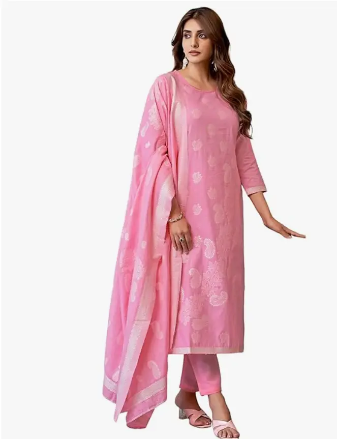 SIRIL Women's Cotton Self Design Straight Kurta Pant with Dupatta Set (size -M) 