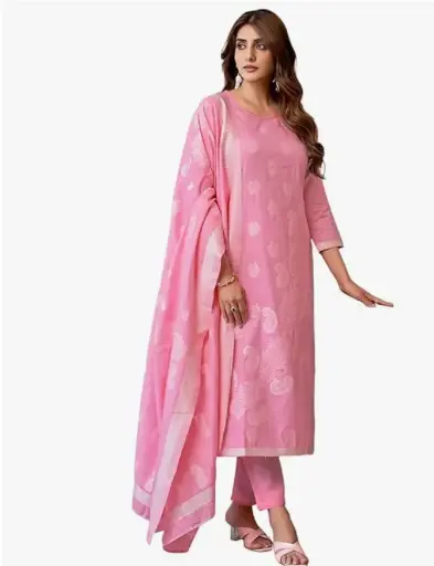 SIRIL Women's Cotton Self Design Straight Kurta Pant with Dupatta Set (size -M) 